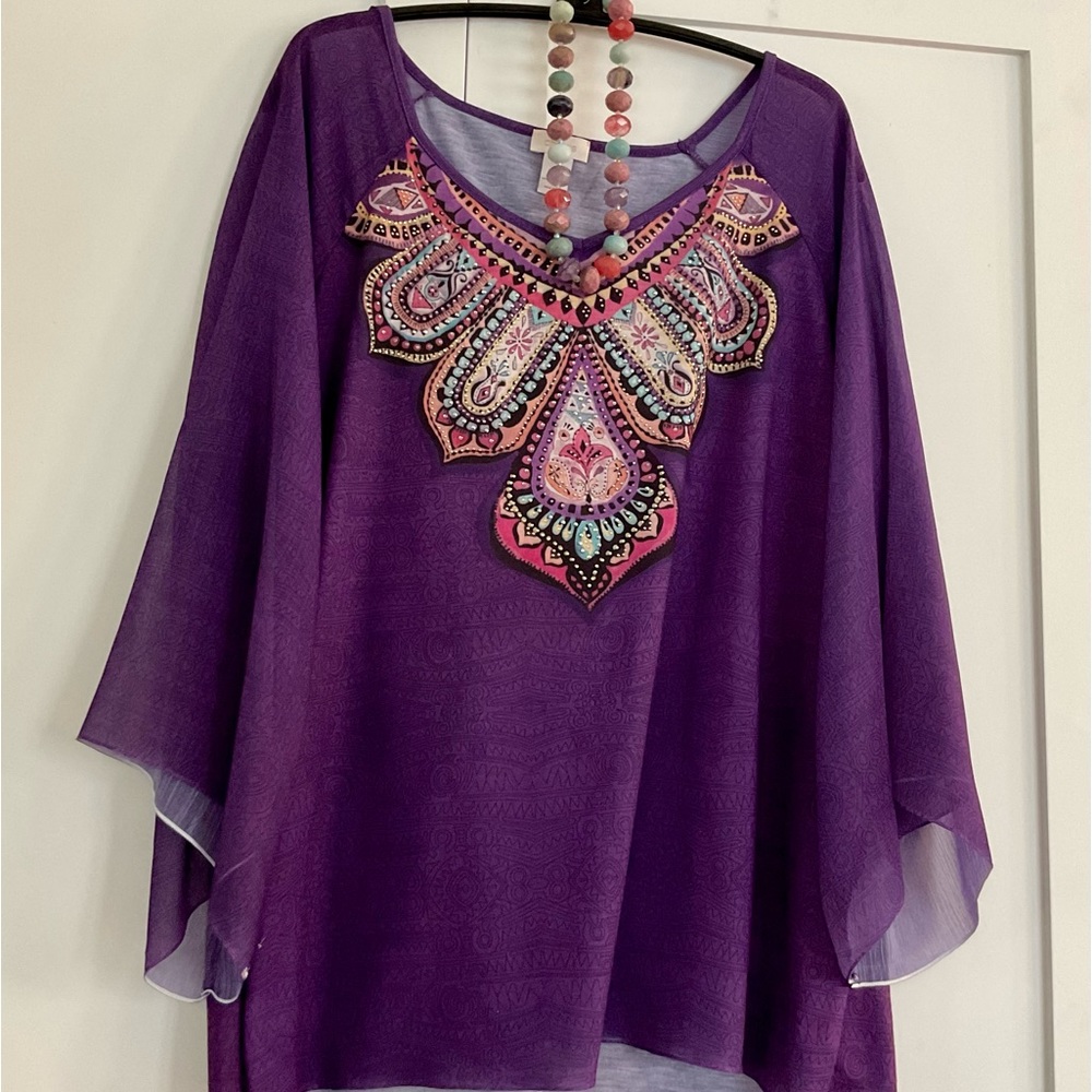 BEAUTIFUL AIRY PURPLE SCREEN PRINT TOP CHICO’S SZ 3/14/16 XL